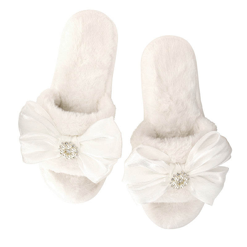 Plush Crystal Bow Slippers - White & Crystal w/ White Bow