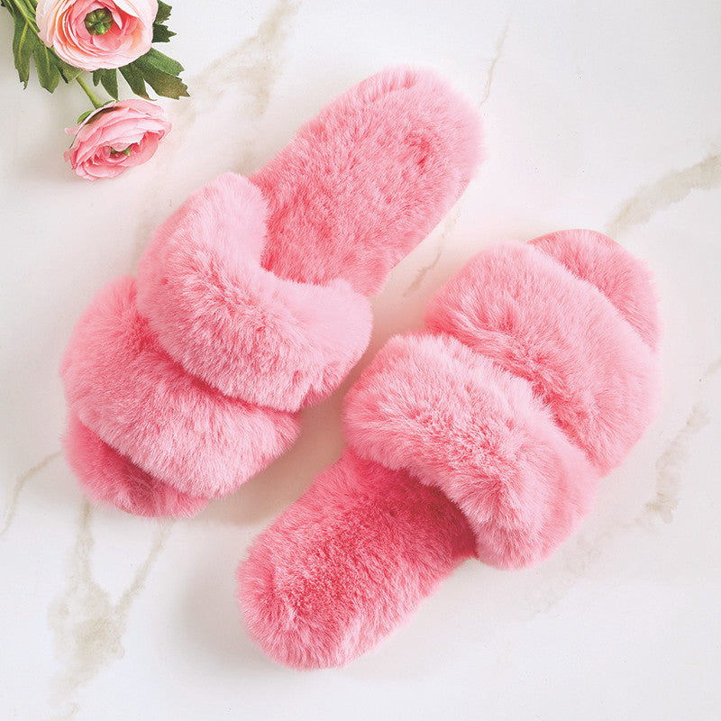Plush Double Band Slippers - Pink