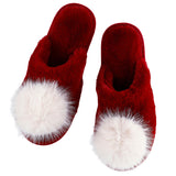 Plush Pom Pom Slippers - Burgundy/Beige