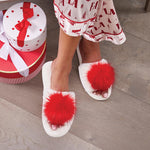Plush Pom Pom Slippers - Ivory/Red