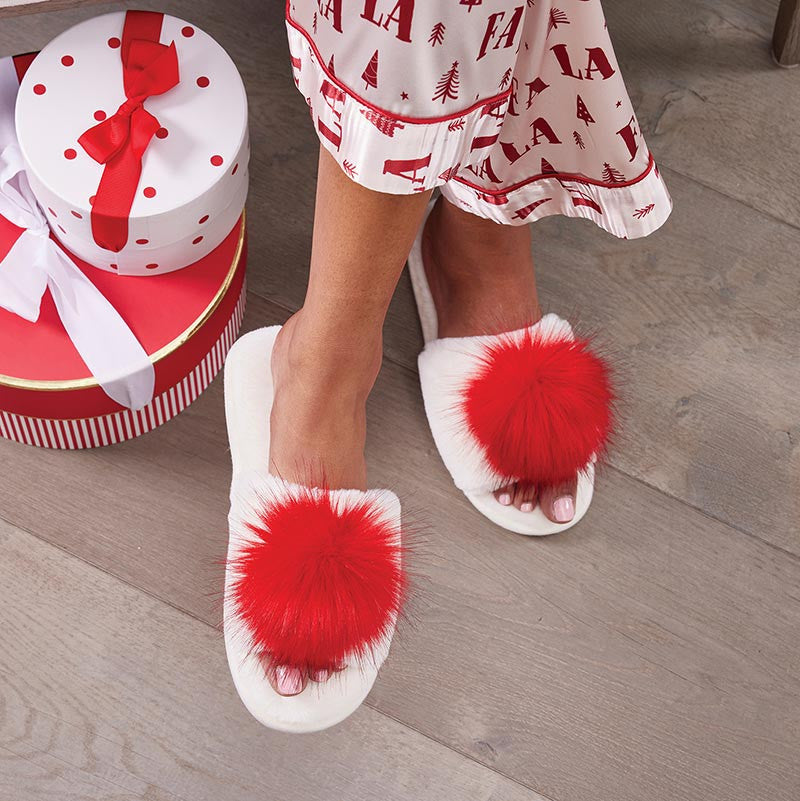 Plush Pom Pom Slippers - Ivory/Red