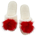 Plush Pom Pom Slippers - Ivory/Red
