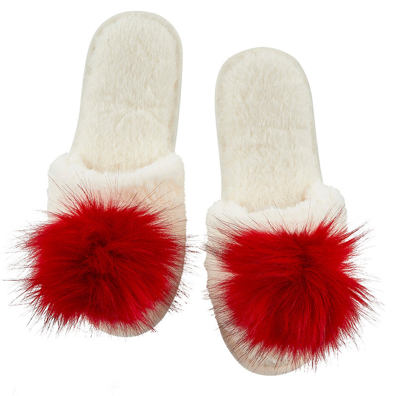 Plush Pom Pom Slippers - Ivory/Red