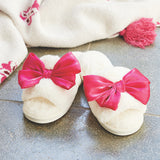 Plush Satin Bow Slippers - Hot Pink Bow