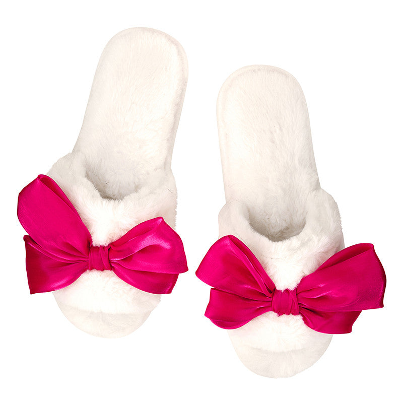 Plush Satin Bow Slippers - Ivory & Hot Pink Bow