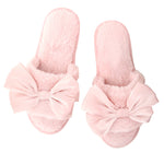 Plush Satin Bow Slippers - Light Blush & Blush Bow