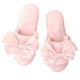 Plush Satin Bow Slippers - Light Blush & Blush Bow