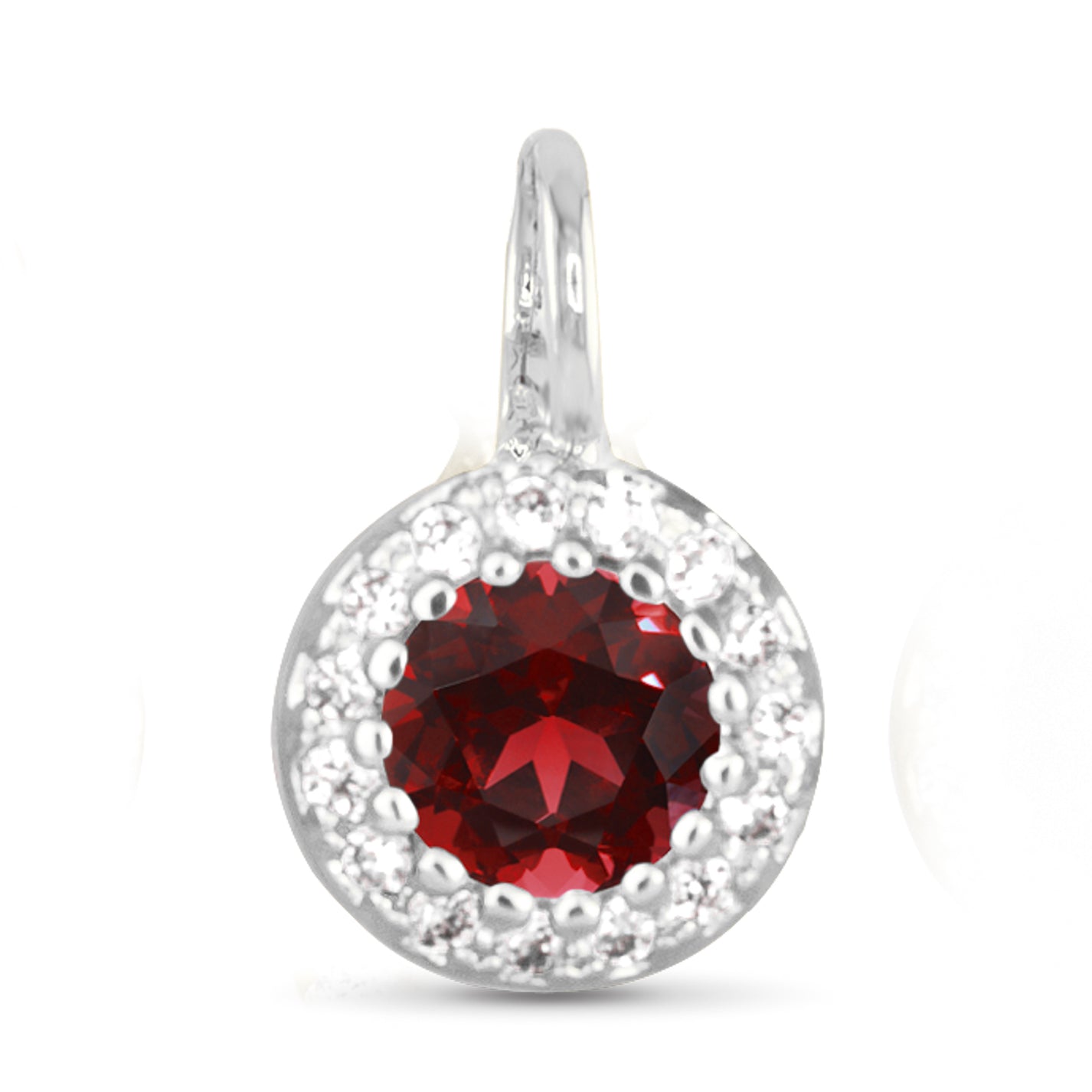 Red CZ Halo Necklace Charm - Silver