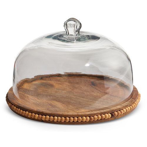 Round Wood Beaded Tray with Cloche