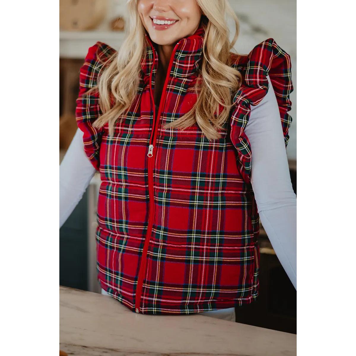 Royal Stewart Plaid Ruffle Puffer Vest