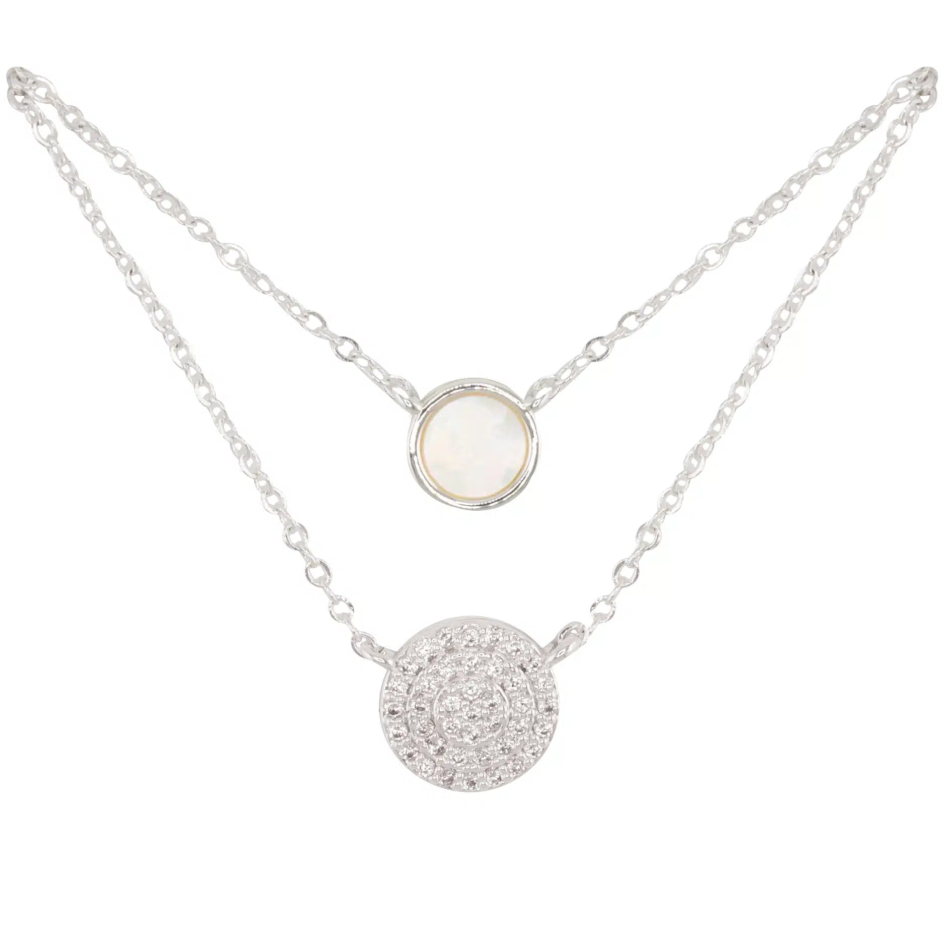Silver CZ & MOP Dual Circle Necklace - 51733