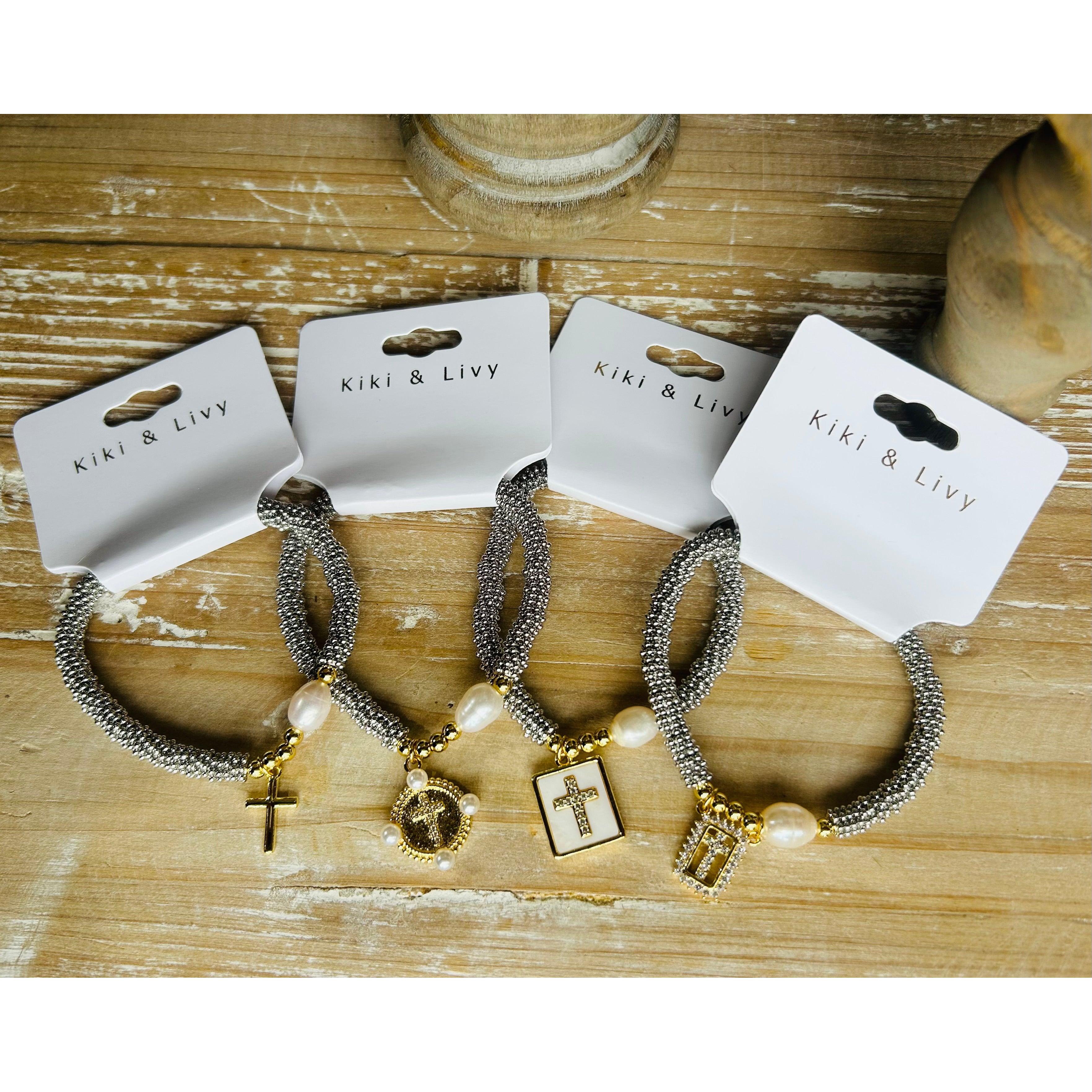 Silver Cross Bracelet with Pearl
