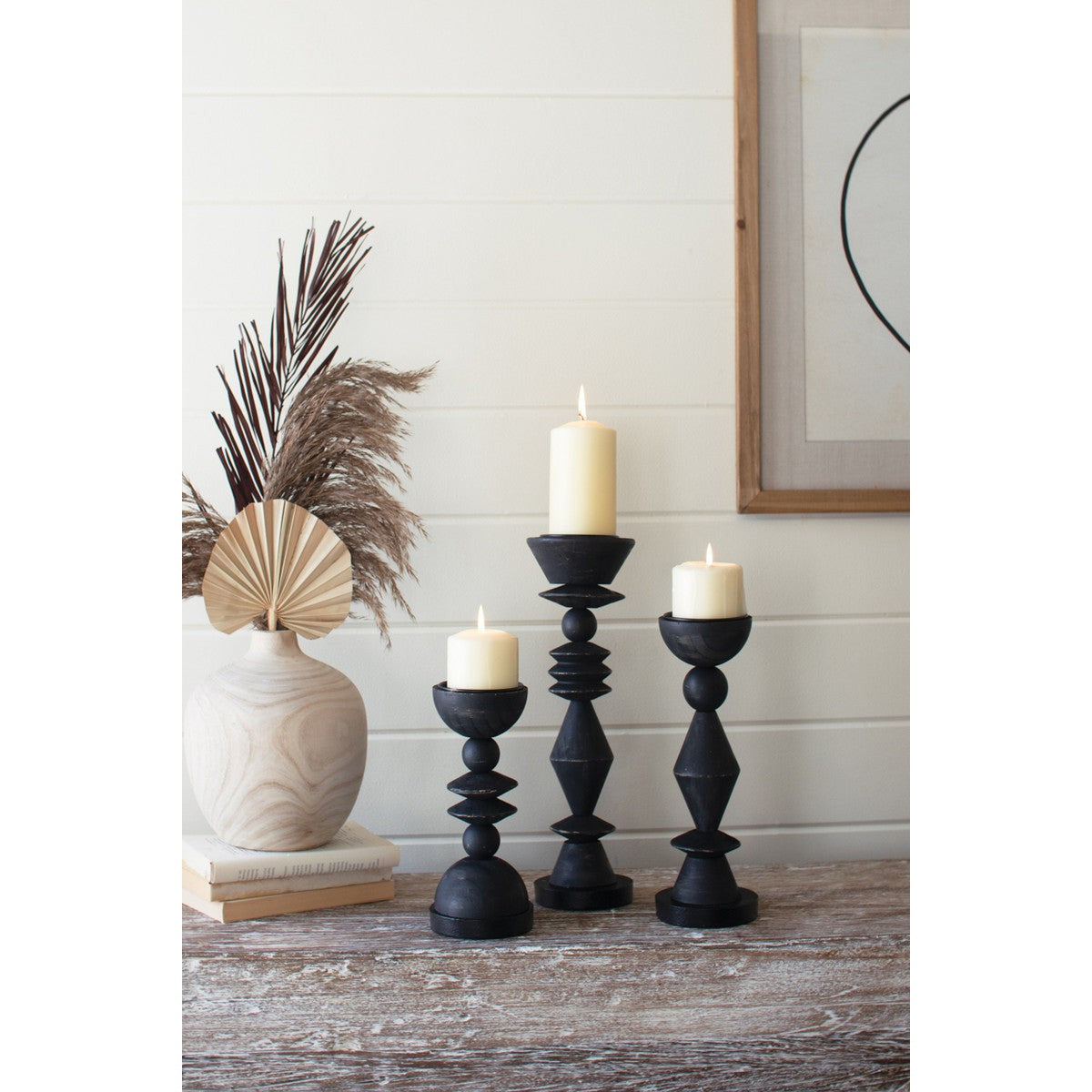 Small Turned Wood Black Candle Holder