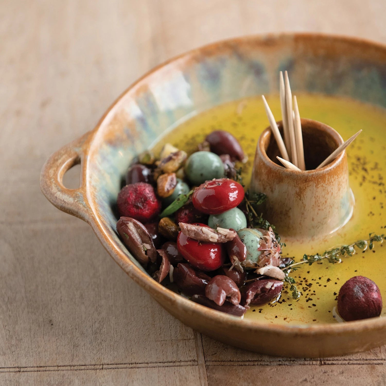 Stoneware Dish with Toothpick Holder with Glaze