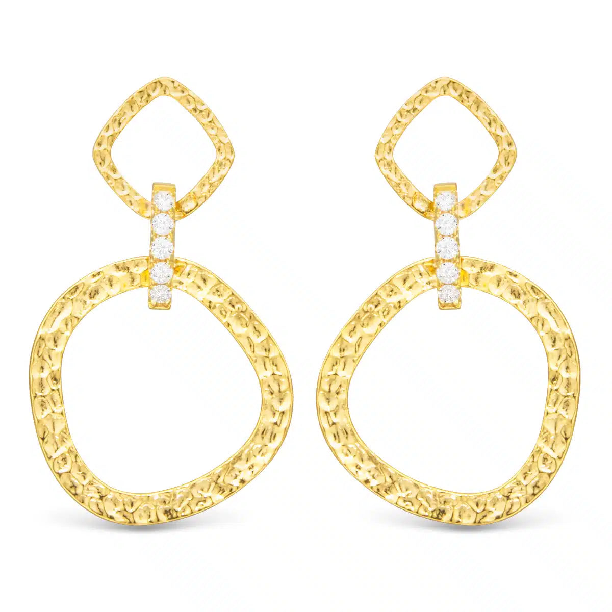 Sydney Polished Hammered Drop w/ white CZ Link Gold Earrings - 50581