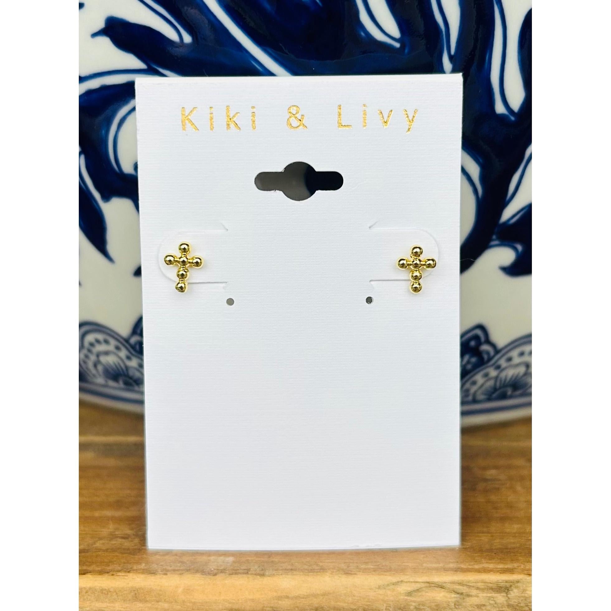 Tiny Gold Bead Cross Studs