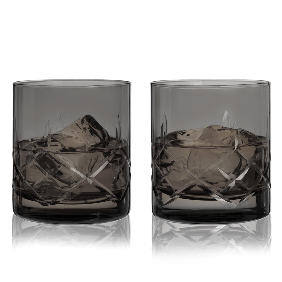 Viski Admiral Cut Crystal Rocks Glasses - Smoke