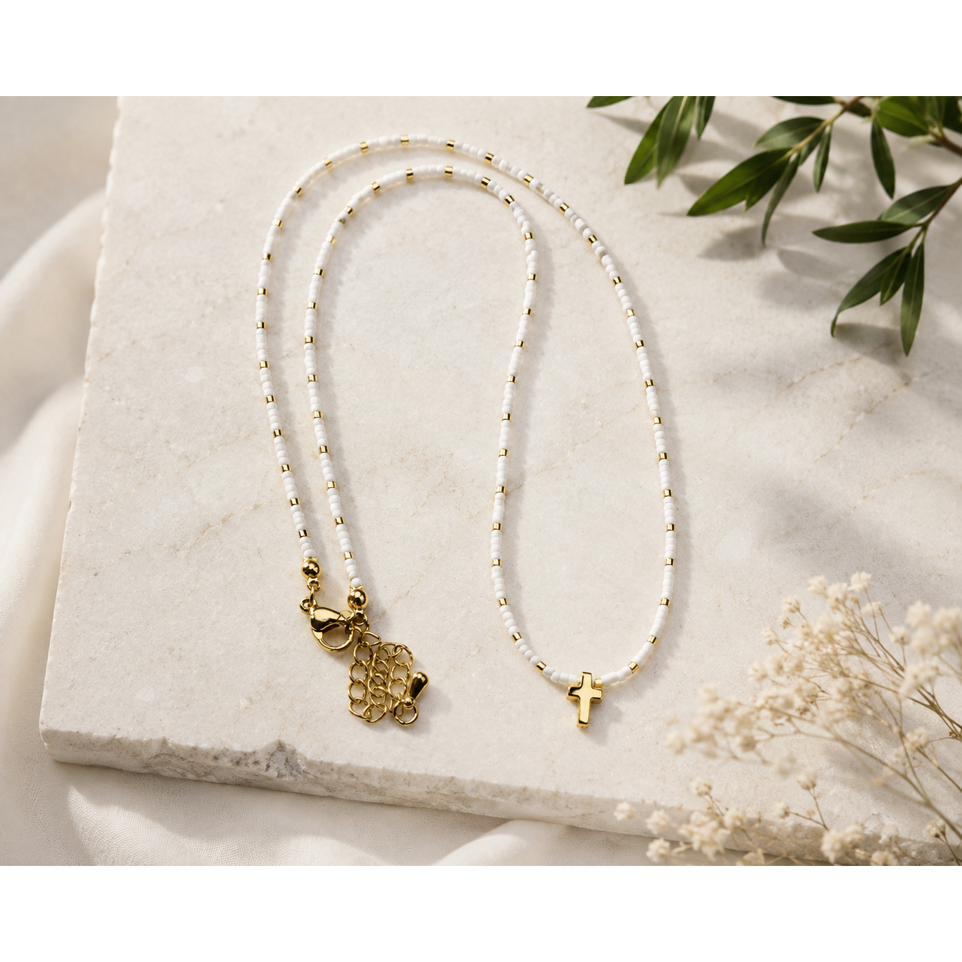 White Bead Gold Cross Necklace