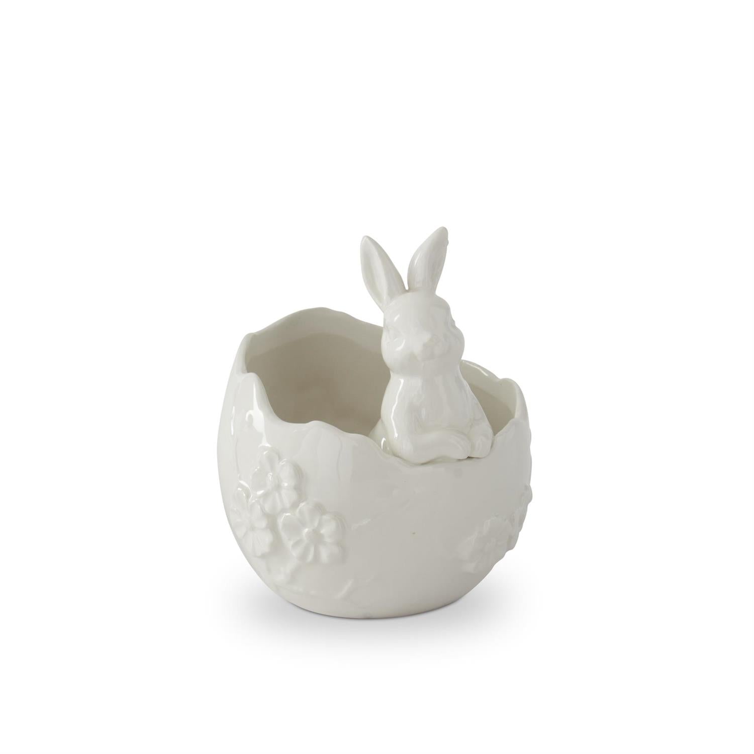 White Ceramic Flower Embossed Egg Container w/ Easter Bunny 6"